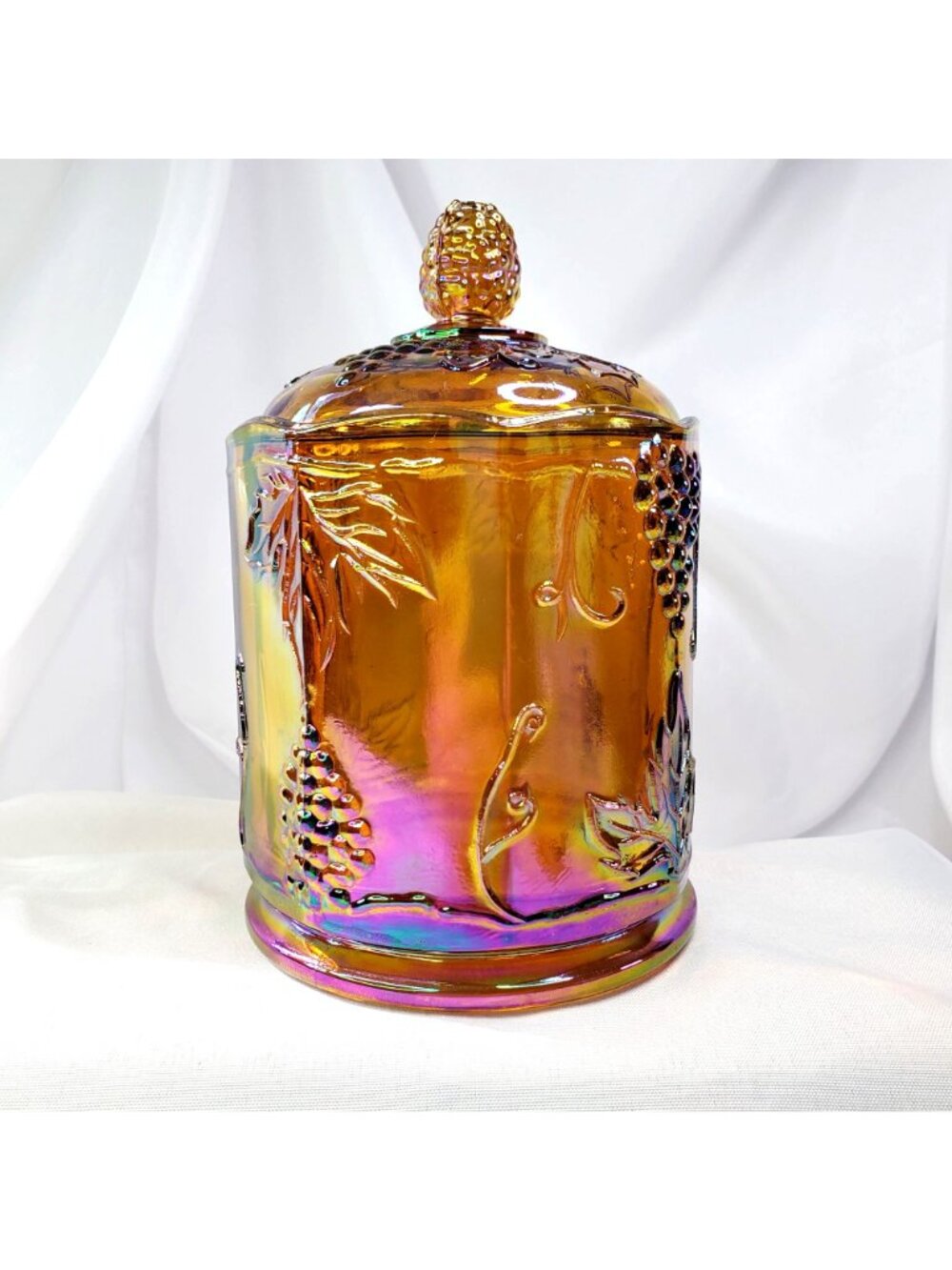 VTG Marigold Carnival Glass Canister Jar & Lid 7" Harvest Grape Indiana Glass - Picture 15 of 16